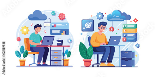 Developer coding on cloud computing project, cloud technology programming, software engineer working remotely, cloud infrastructure development, modern tech workspace, IT professional coding vector