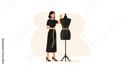 Fashion Designer Taking Measurement For Dressmaking On Mannequin In Studio