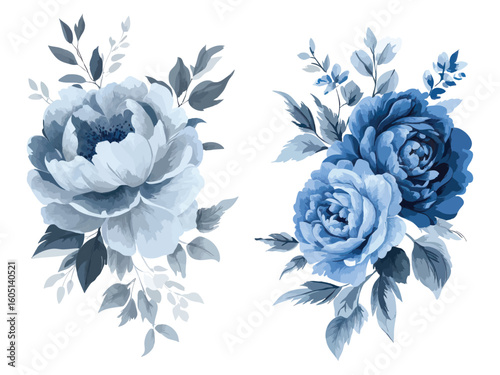 Blue watercolor floral bouquets with peony and rose designs