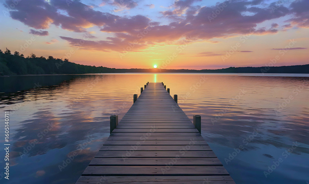 Fototapeta premium Sunset Over Serene Lake with Long Wooden Pier – Peaceful Nature Scene