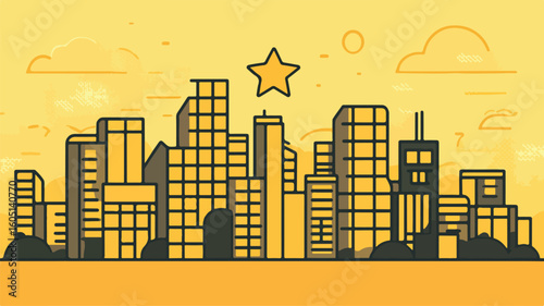 Cityscape Cartoon Drawing with Star - Urban Fantasy Illustration