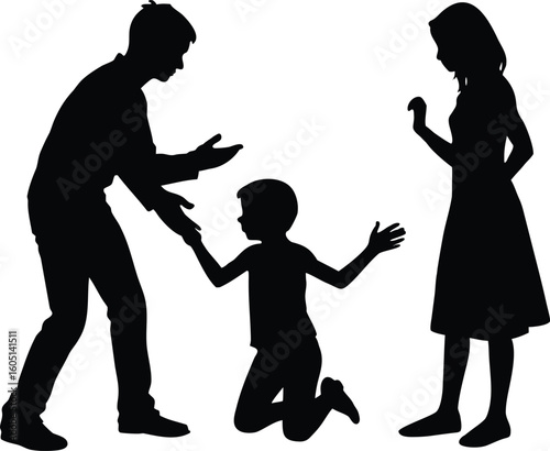parents mediating sibling argument silhouette,dad separating fighting kids silhouette