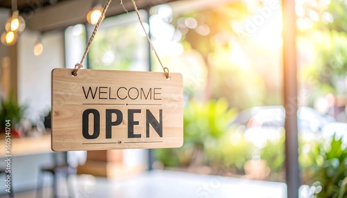 Wooden sign welcoming customers to a store