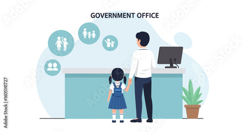 Father And Daughter At Governmental Office, Social Services Consultation Illustration