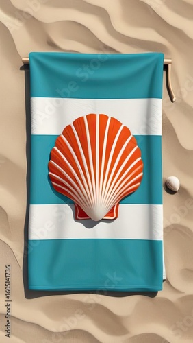 Striking beach towel featuring a bold shell design against a sandy background for summer relaxation