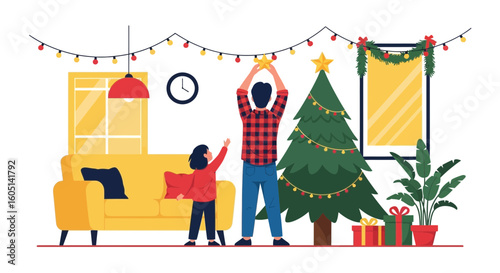 Father And Daughter Decorating Christmas Tree Together In Living Room Scene
