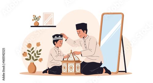 Father And Son Celebrate Holy Month Of Ramadan At Home Together