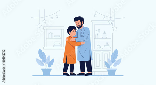 Father And Son Embracing During Festive Occasion In Modern Living Room