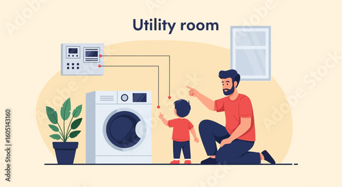 Father And Son In Laundry Room Learning About Home Appliance Connection