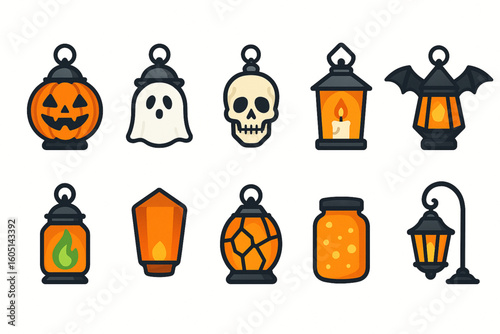 Set of Spooky Halloween Lantern Icons in Flat Vector Style