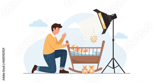 Father Is Taking Pictures Of His Newborn Baby In A Cradle Using Professional Lighting