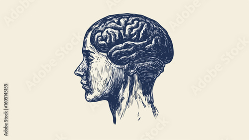 Detailed Drawing of Human Head with Brain Illustration for Medical Education