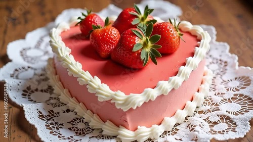 Delicious heart-shaped strawberry cake with fresh fruit and cream frosting, perfect for celebrations
