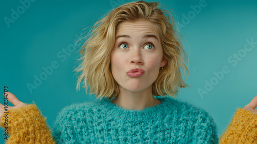 Blonde woman pointing with crossed wrists and index fingers in teal studio setting; indecision confusion.