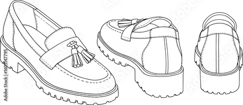 Loafer shoe CAD drawing, flat vector illustration, tassel detail, rugged sole, stylish footwear sketch, fashion design, footwear accessory art