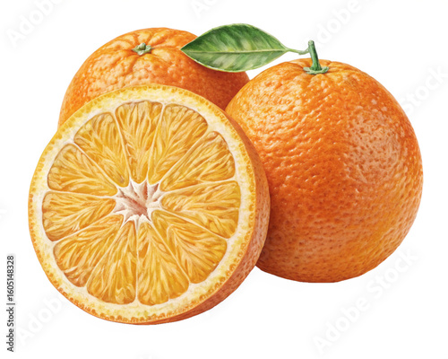 Fresh oranges: two whole and one sliced, featuring vibrant color and a green leaf, isolated on white background.