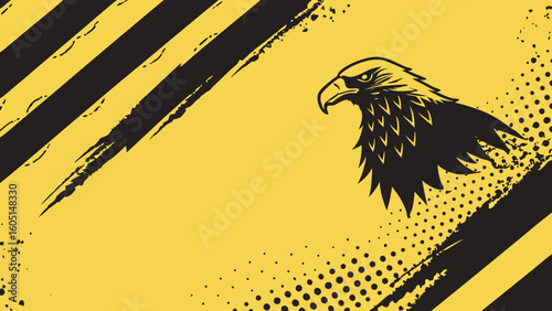 striking yellow and black grunge background featuring a powerful eagle head and distressed brush strokes isolated on white background.