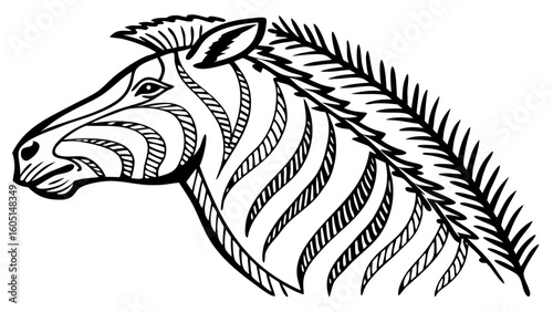 black and white line art illustration of a zebra's head and neck in profile isolated on white background.