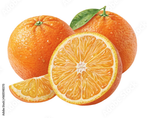 Three fresh oranges, two whole and one sliced, with water droplets and a green leaf, isolated on a white background.