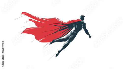 Superhero flying in red cape through the air at high speed