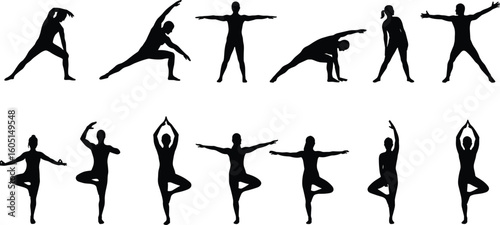 Silhouettes of people, yoga poses, stretching positions, fitness routine, wellness concept, healthy lifestyle, vector illustration