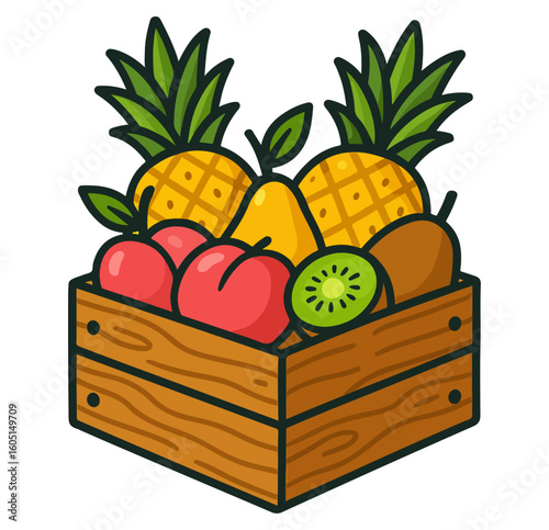 Fresh assorted tropical fruits in a box, isolated on white, showcasing healthy and ripe pineapples, oranges, apples, and bananas