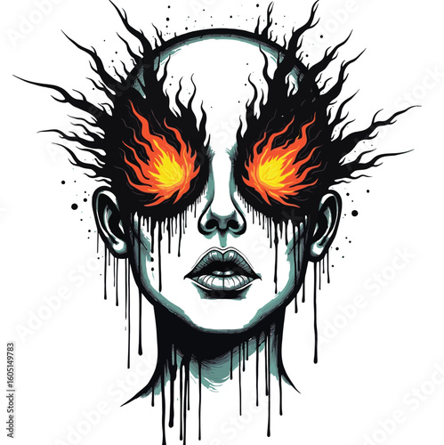 Fiery gothic demon skull vector illustration with a scary, evil, woman's face design perfect for a horror or Halloween tattoo art symbol