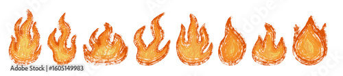 Crayon Fire. Set of hand drawn fire flames in doodle style. Doodle set on a Isolated background