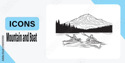 Serene Kayaking Adventure Mountain Lake Icons Illustration