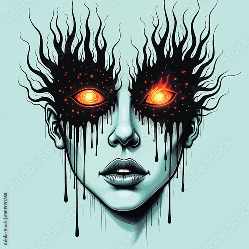 Beautiful woman's face with striking eyes and stylish hair, captured in an elegant illustration of a masked lady