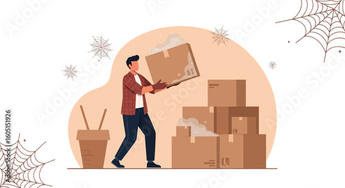 Man Lifting Cardboard Box Ready For Halloween Move Or Holiday Packaging