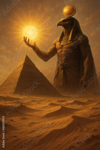 The god Ra, radiant and majestic, hovers above the Great Pyramid in a vast golden desert. His presence shines with divine sunlight as he watches over ancient Egypt from above.

