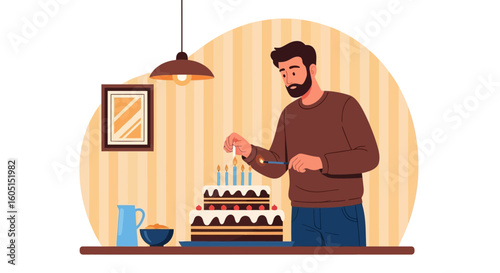 Man Lighting Birthday Candles On A Cake In Home Interior Scene