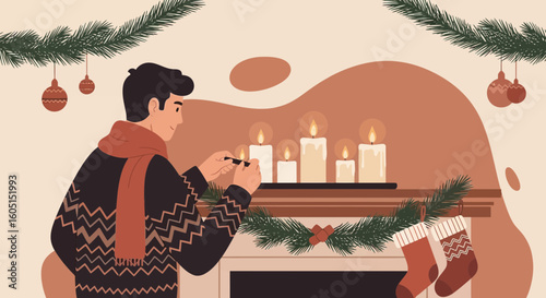 Man Lighting Candles On Mantelpiece During Christmas Celebration At Home