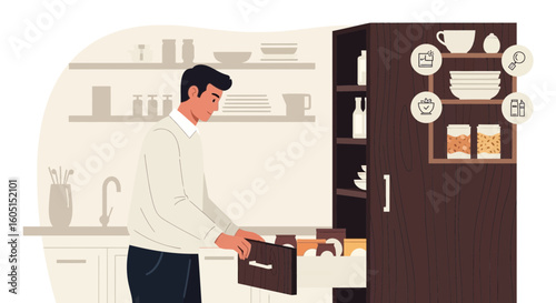 Man Looking In His Cupboard Arranging Supplies Storing Groceries At Home