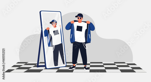 Man Looks At Himself In The Mirror And Puts On A Jacket In Stylish Room