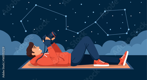 Man Lying On Mat Photographing Night Sky Constellations With Professional Camera
