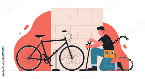 Man Maintaining Bicycle Repairing Bike At Home Or Workshop Illustration