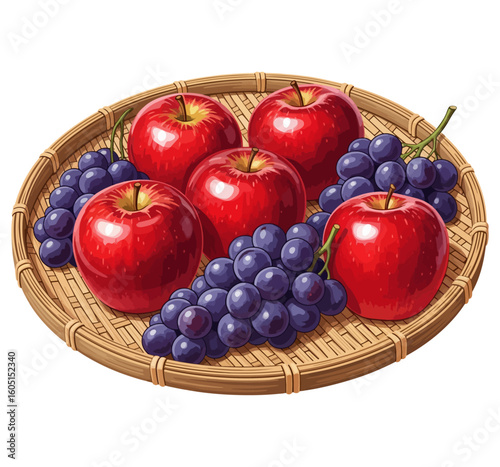 A healthy basket of fresh fruit including apples, grapes, and oranges
