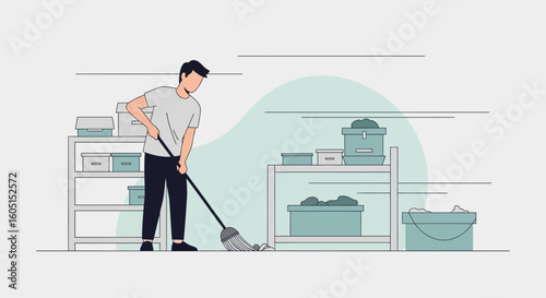 Man Mopping Floor In Storage Room For Home Hygiene Illustration