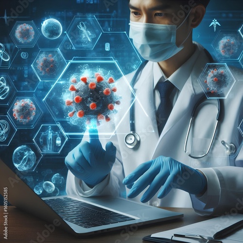  Image of covid cells over male doctor holding screen with medical data processing