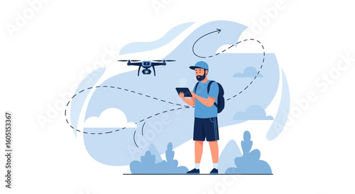 Man Operating Drone In Nature With Tablet Technology For Aerial Photography
