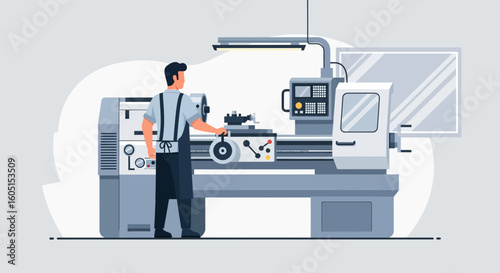 Man Operating Industrial Lathe Machine For Precision Engineering Process