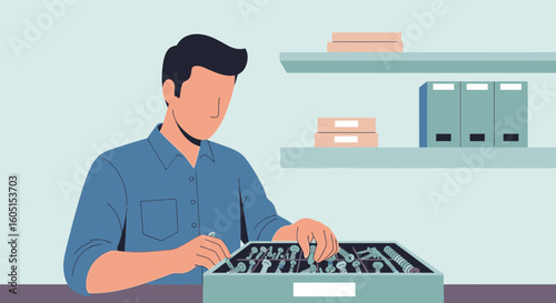 Man Organizes Fasteners In A Toolbox In Front Of Shelves In His Workshop