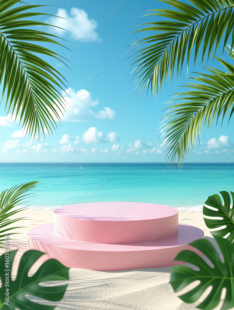 Obraz premium Pink podium on a beach with palm leaves and a bright blue sky view