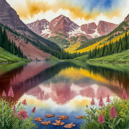 Watercolor illustration of a summer sunrise over Maroon Bells, Colorado Peaceful golden light reflecting on Maroon Lake, with blooming wildflowers and the twin peaks towering above.