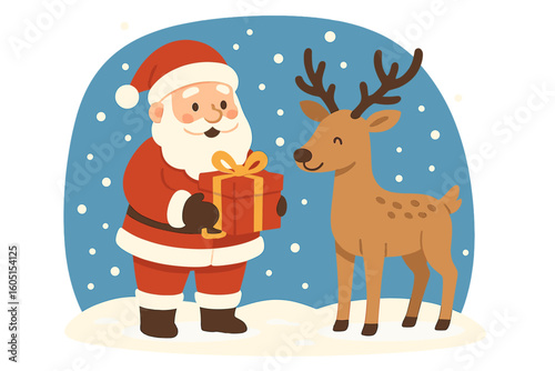 Christmas background featuring Cute Santa Claus and Reindeer with gifts under city lantern on a winter night scene