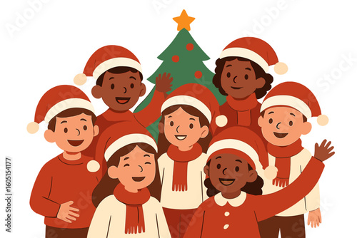 Adorable diverse youngsters singing carols, surrounded by a christmas tree