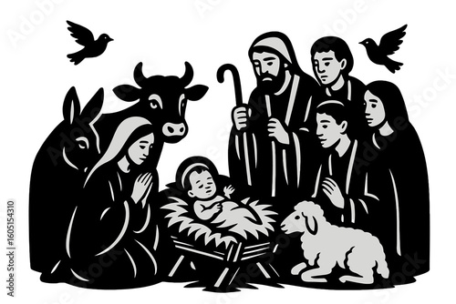 A holy family concept signifying Merry Christmas is depicted through a joseph, maria and jesus icon, shown as a silhouette and flat illustration
