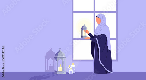 Muslim Woman Holding A Traditional Lantern During Ramadan Celebration At Home